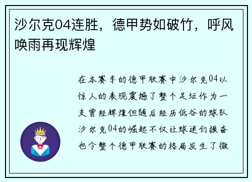 沙尔克04连胜，德甲势如破竹，呼风唤雨再现辉煌