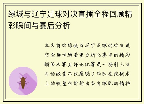 绿城与辽宁足球对决直播全程回顾精彩瞬间与赛后分析